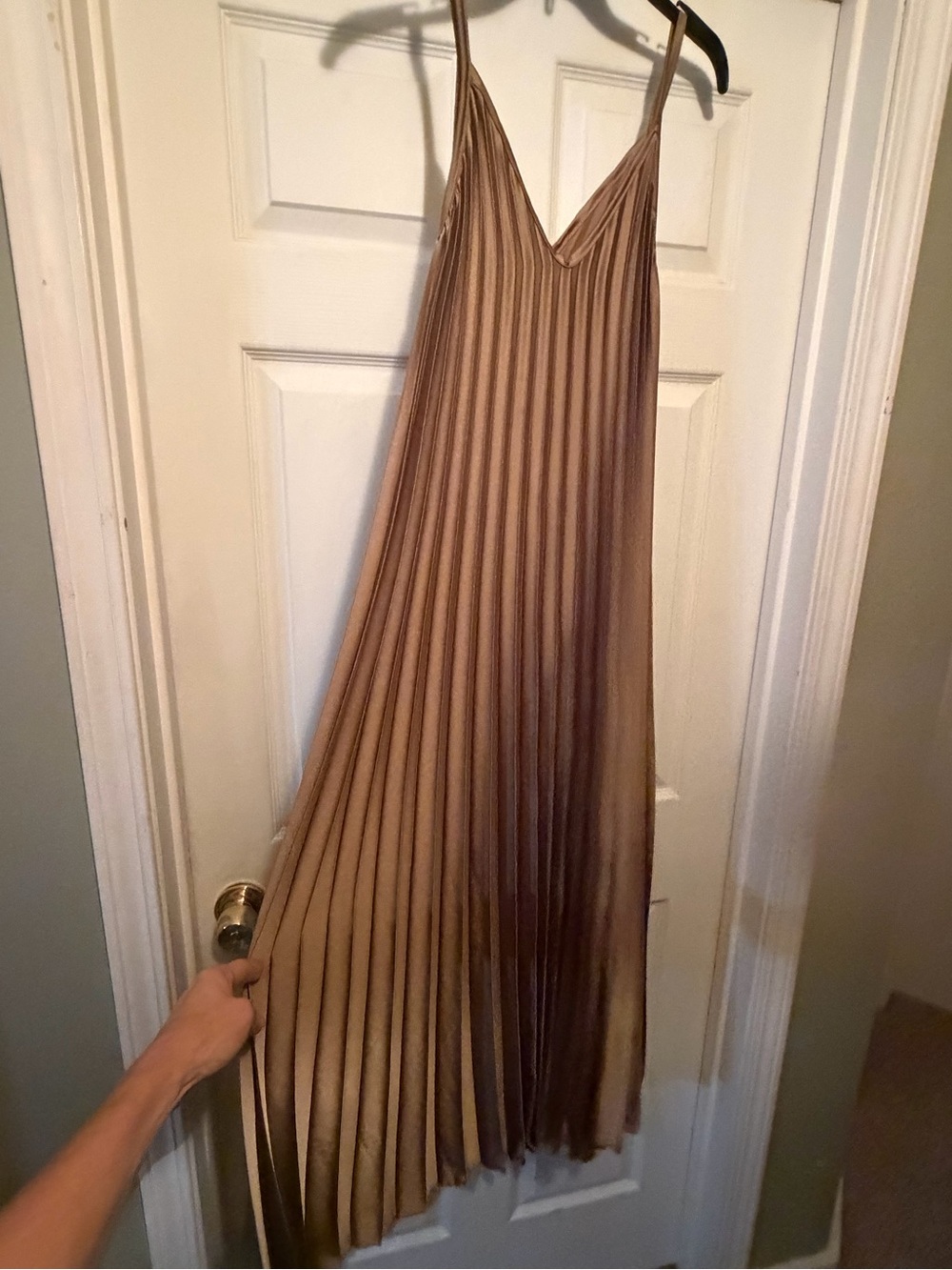 Pleated Satin Slip Dress — Tan - Picture 5 of 5